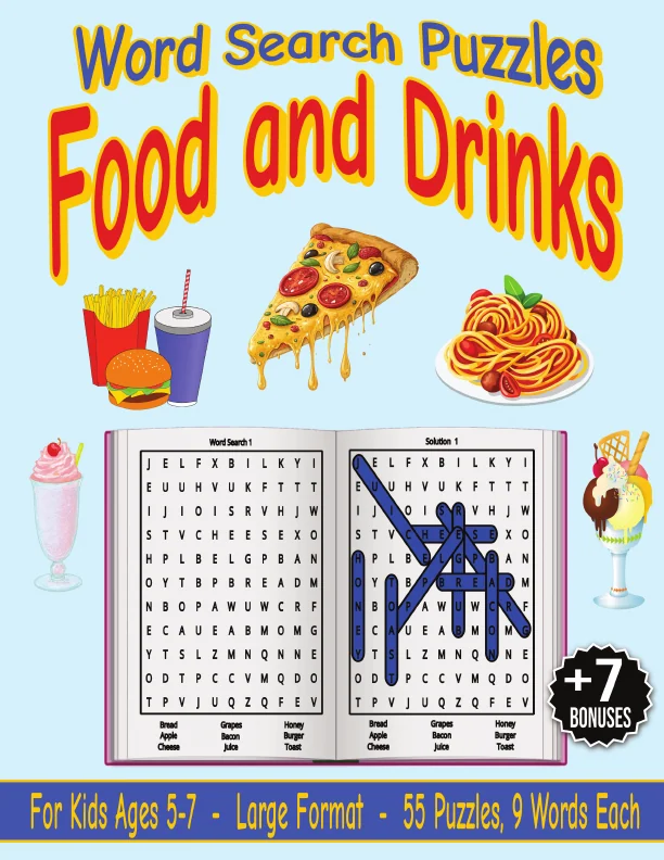 Cover of Word Search Puzzles – Food & Drinks – For Kids Ages 5–7