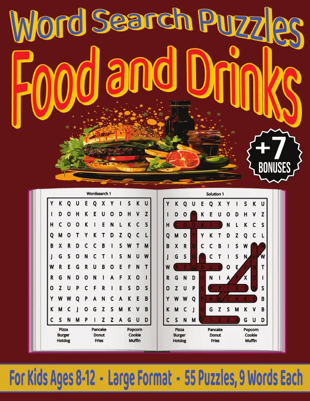 Cover of Word Search Puzzles – Food and Drinks – For Kids Ages 8–12